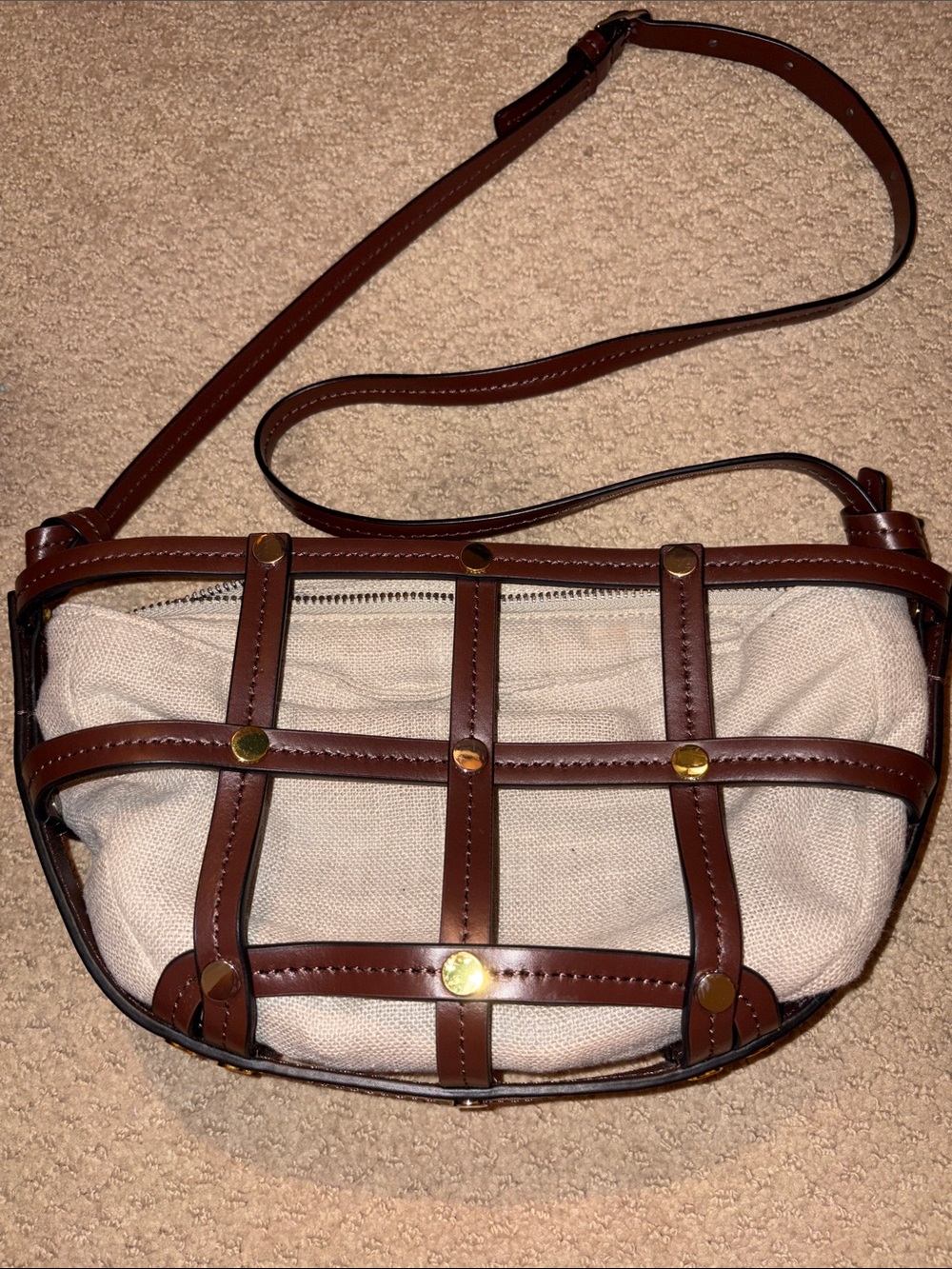 STAUD Cream Canvas and Brown Leather Lattice Crossbody with Gold Studs
